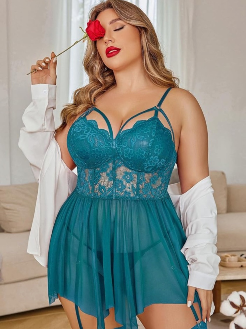 Avidlove XL-XXL (16-18) Teal Lace Babydoll Chemise with Strappy Cups Lingerie
